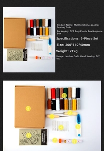 Detailed view of 9-piece leather sewing tool kit with wax threads, awls, and scissors