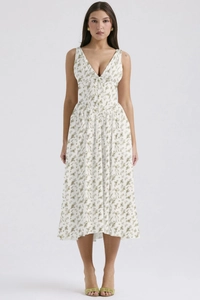 Detailed view of white floral summer dress featuring a stylish V-neck and sleeveless design