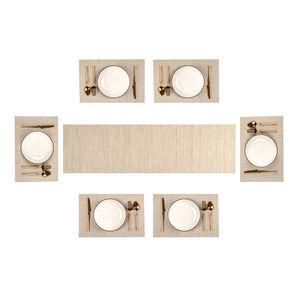 Detailed top view of 4 beige woven placemats and 1 table runner set for 6-person dining