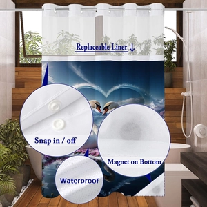Detail showing snap-on liner, magnetic bottom and waterproof fabric of swan shower curtain