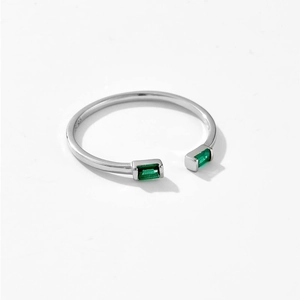 Adjustable S925 sterling silver open ring with rectangle green gemstones in polished finish