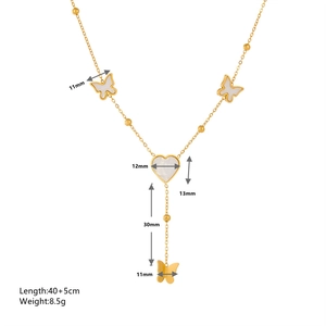 Gold butterfly shell heart necklace with tassel and detailed size measurements