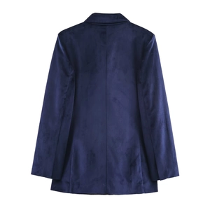 Midnight blue velvet blazer for women featuring a tailored slim-fit back and shoulder pads
