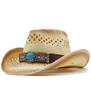 Handgewebter beiger Stroh-Cowboyhut mit Vintage-Türkisstein und Ethno-Verzierungen