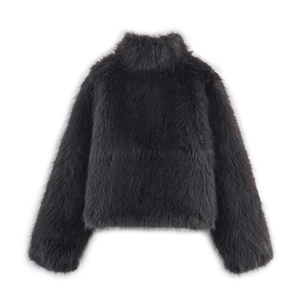 Short black faux fur coat with high collar and long sleeves for a luxury fashion look