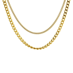 Double-layered gold Cuban chain necklace set with polished metal finish on white background