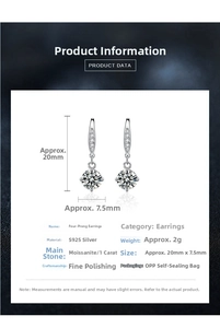 Detailed product specifications for 1ct moissanite earrings in 925 sterling silver