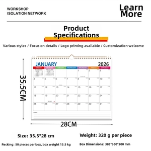 Detailed view of the 35.5x28cm 2026-2027 calendar with a metal hanging loop and dimensions