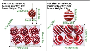 Detailed size specifications for red and white candy cane and striped ball Christmas ornaments