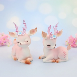 Cute Resin Deer Figurine Cherry Blossom Floral Antler Desktop Ornament Car Interior Decor Healing Style Kawaii Fawn