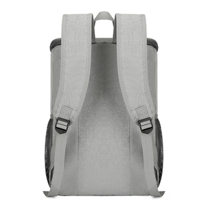 Gray outdoor insulated backpack with padded shoulder straps and mesh side pockets