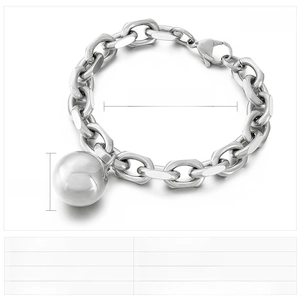Macro view of stainless steel bracelet with 18mm polished hollow ball pendant and thick link chain