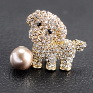 Exquisite golden puppy brooch with sparkly crystals and a large champagne pearl bead