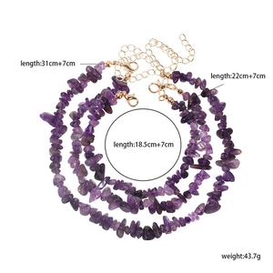 Detailed size chart showing purple irregular stone jewelry set lengths and 43.7g weight