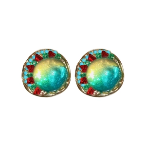 Boucles d'oreilles rétro rondes dorées avec cristaux colorés et strass scintillants
