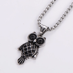 Owl Pendant Necklace 304 Stainless Steel Black Rhinestone Eyes Vintage Gothic Punk Jewelry For Men Women
