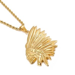Hip hop gold titanium steel necklace featuring a detailed Indian portrait pendant on a rope chain