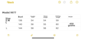 Size chart detail for V-neck knit sweater showing measurements for S, M, and L sizes