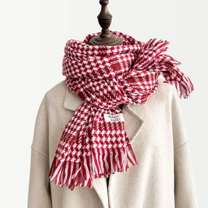 Red and white houndstooth cashmere feel scarf with tassel ends for winter warmth