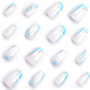 White and blue marble press-on nails with gold glitter lines in medium coffin shape