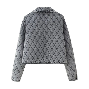 Back view of gray washed denim quilted jacket with diamond stitch and short cut design