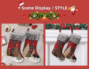 Detail of red and green plaid Christmas stockings with plush cuffs and festive embroidery