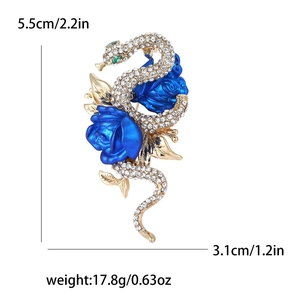 Detail view of crystal snake and blue enamel rose brooch with dimensions and weight info