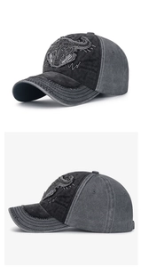 Detailed embroidery of cow skull and distressed washed texture on baseball cap