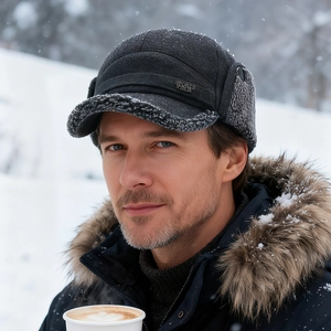 Men's winter aviator trapper hat with gray faux fur lining and ear flaps for warmth