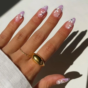 Purple French Almond Press On Nails With White Flower Pattern Sweet Lavender Artificial Fake Nails For Women