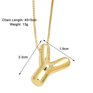 Detailed view of golden 3D letter Y pendant with dimensions 45+5cm chain length