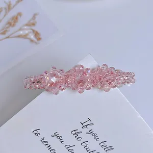 Pink crystal beaded hair clip for women featuring elegant handmade floral rhinestones