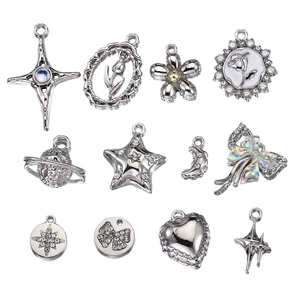 Silver retro DIY charms featuring stars, hearts, and crosses for necklace jewelry making
