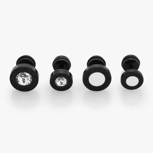 Detailed macro view of four black stainless steel studs with Greek key pattern and zircons