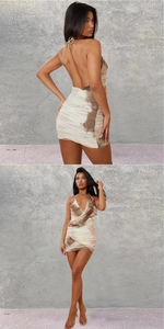 Detail of V-neck halter dress featuring open back design and khaki gradient tassel patterns