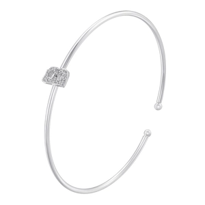 Detailed macro view of silver open bracelet with micro-pave zircon letter B charm