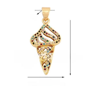 Detailed view of ice cream cone pendant with multi-color rhinestones and dimensions