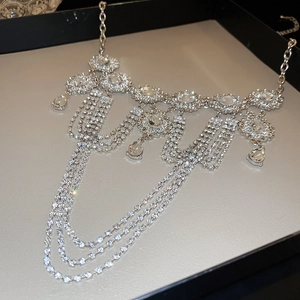 Detail of silver layered rhinestone fringe necklace with teardrop crystals and sparkle