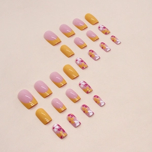 24pcs pink and yellow press-on nails with daisy floral patterns and French tips