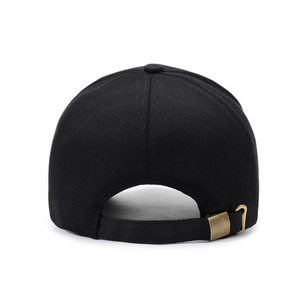 Back view of black cotton baseball cap showing adjustable bronze metal buckle and stitching