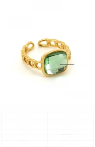 Detail of 18k gold plated stainless steel chain ring with square green zircon stone