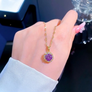 Luxurious titanium steel necklace featuring a purple zircon pendant with micro-inlaid diamonds