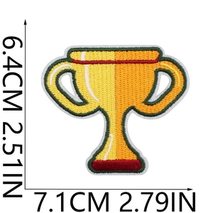 Detail view of trophy embroidered patch with dimensions 7.1cm width and 6.4cm height