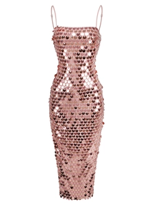 Detailed view of rose gold sequin bodycon dress with shimmering metallic finish and thin straps