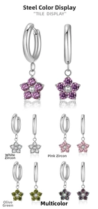 Detailed view of titanium steel flower earrings with five different colored zircons