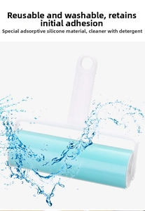 Detail der waschbaren Fusselrolle mit blauem Silikonroller und Wasserspritzer-Effekt