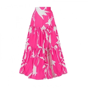 Tiered high-waisted floral skirt in neon pink and white abstract flower print