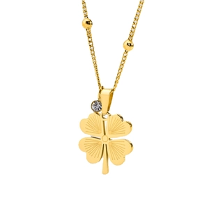 Collier trèfle doré avec texture radiale et cristal sur chaîne à billes en acier titane