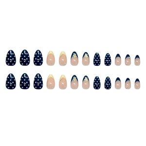 French almond press-on nails with blue polka dots, stars and pearl accents, 24pcs set