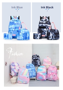 Close-up detail of three-piece set including backpack, lunch bag, and pencil case in tie-dye